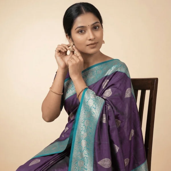 Royal Purple Banarasi Silk Saree with Teal Zari Border - Image 2