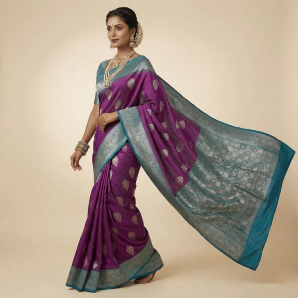 Royal Purple Banarasi Silk Saree with Teal Zari Border (Bridal Edition) - Image 3