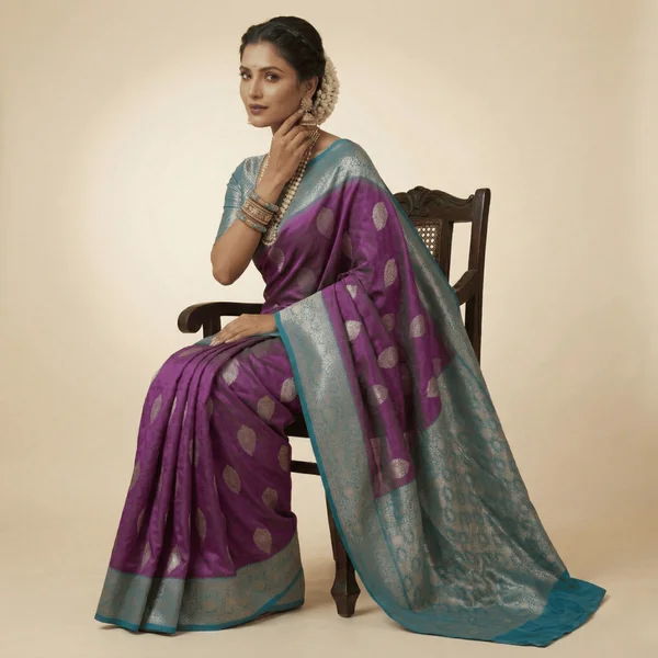 Royal Purple Banarasi Silk Saree with Teal Zari Border (Bridal Edition) - Image 2