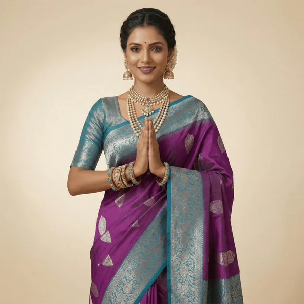Royal Purple Banarasi Silk Saree with Teal Zari Border (Bridal Edition) - Image 1