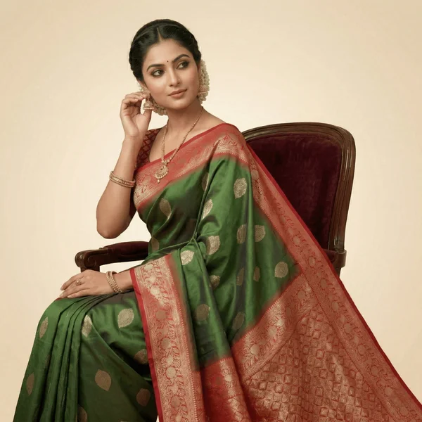 Bottle Green Banarasi Silk Saree with Rich Red Zari Pallu - Image 2