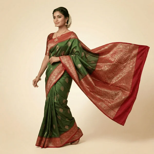 Bottle Green Banarasi Silk Saree with Rich Red Zari Pallu - Image 3