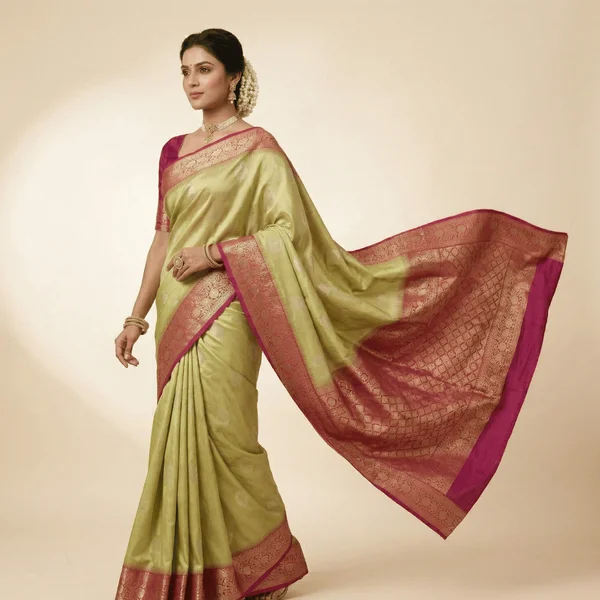 Light Olive Green Banarasi Silk Saree with Pink Zari Border - Image 3