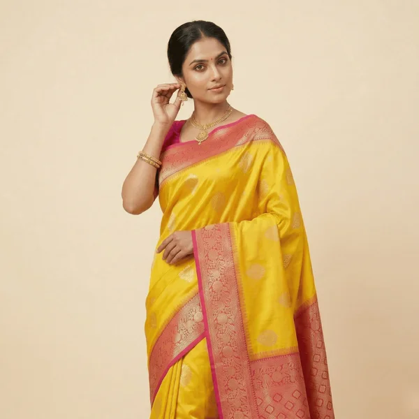 Bright Yellow Banarasi Silk Saree with Pink Zari Border - Image 2