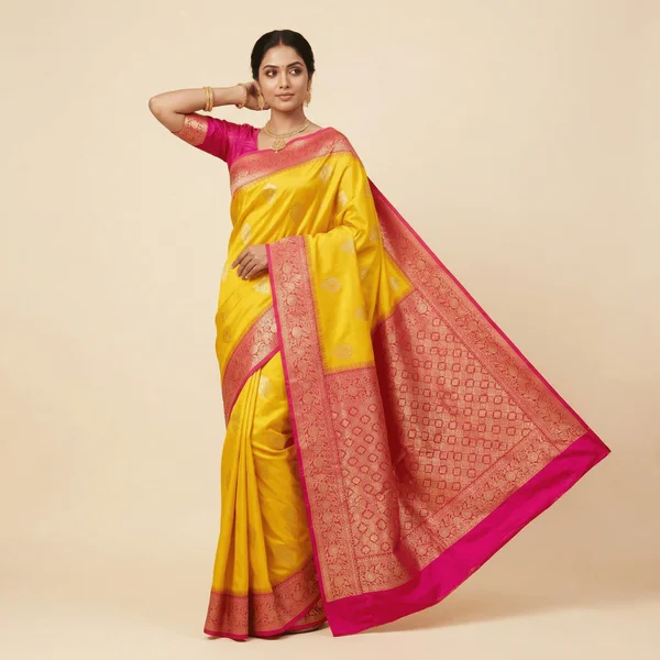 Bright Yellow Banarasi Silk Saree with Pink Zari Border - Image 3