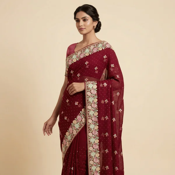 Wine Red Designer Saree with Floral Embroidery Border - Image 2