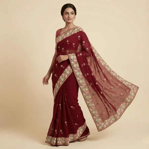 Wine Red Designer Saree with Floral Embroidery Border - Image 4