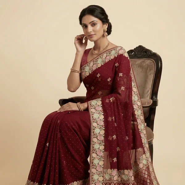 Wine Red Designer Saree with Floral Embroidery Border - Image 3