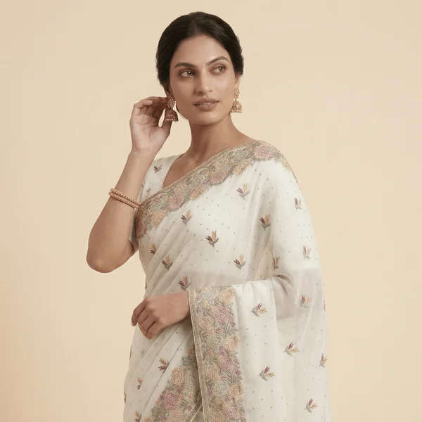 Ivory White Designer Saree with Floral Embroidery Border - Image 3