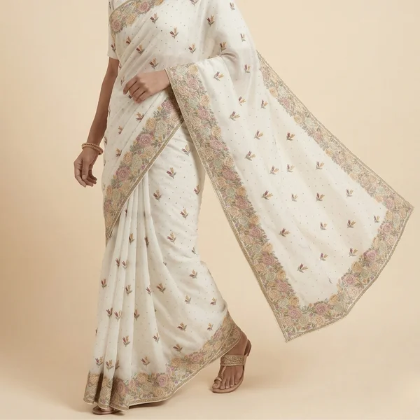 Ivory White Designer Saree with Floral Embroidery Border - Image 2