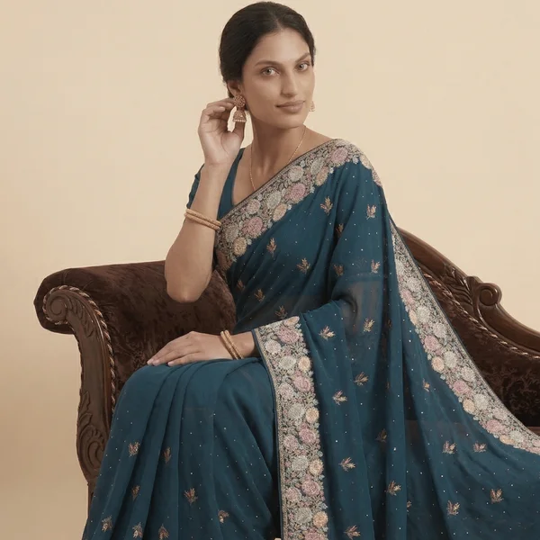 Deep Teal Designer Saree with Floral Embroidery Border - Image 3