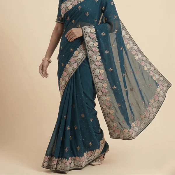 Deep Teal Designer Saree with Floral Embroidery Border - Image 2