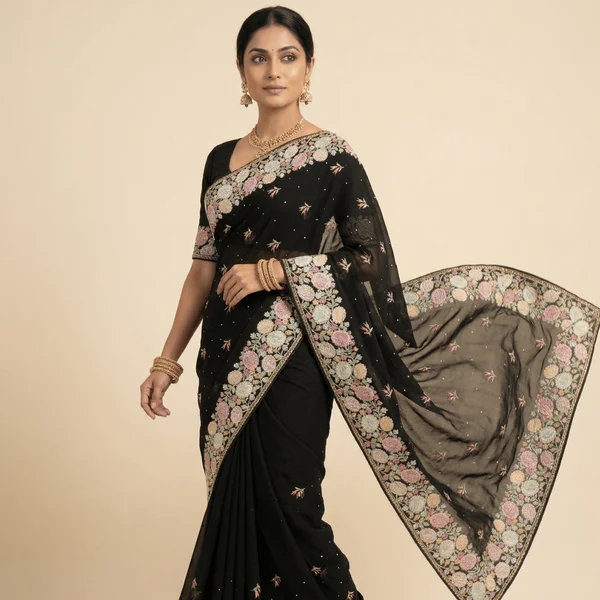 Classic Black Designer Saree with Floral Embroidery Border - Image 3