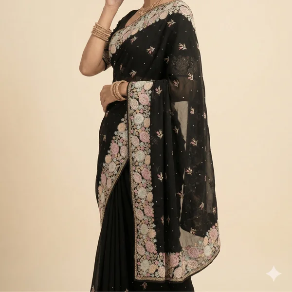 Classic Black Designer Saree with Floral Embroidery Border - Image 2