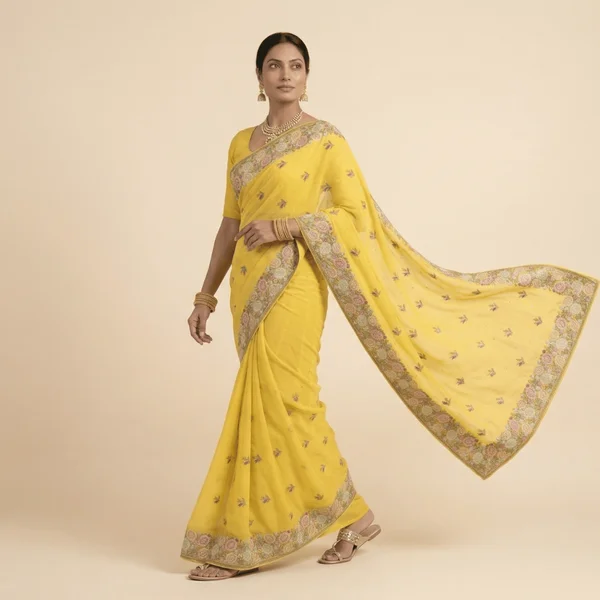 Sunshine Yellow Designer Saree with Floral Embroidery Border - Image 2