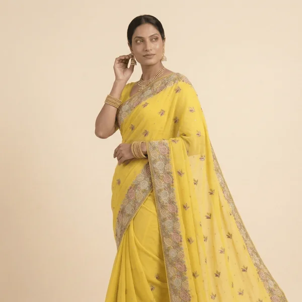 Sunshine Yellow Designer Saree with Floral Embroidery Border - Image 3
