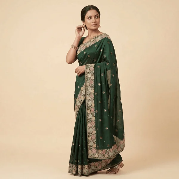 Elegant Dark Green Designer Saree with Floral Embroidery Border - Image 3