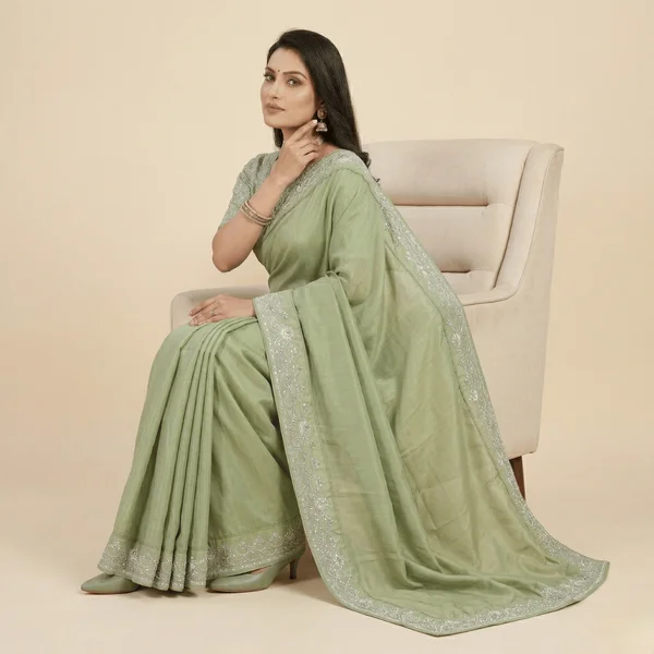 Elegant Pastel Green Designer Saree with Subtle Embroidery Border - Image 2