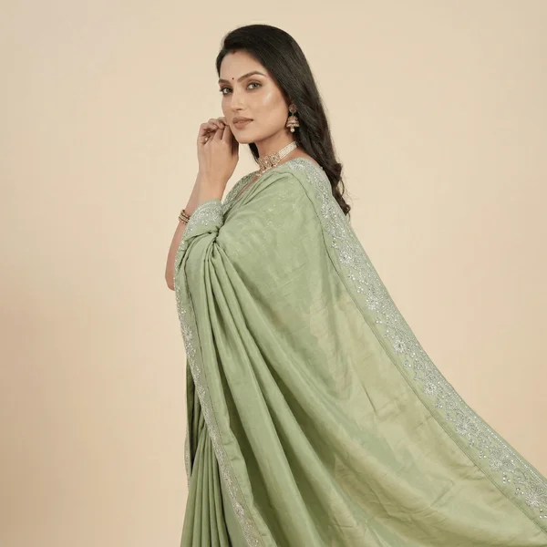 Elegant Pastel Green Designer Saree with Subtle Embroidery Border - Image 3