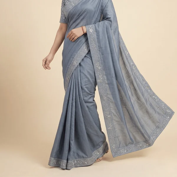 Sophisticated Steel Grey Designer Saree with Minimal Embroidery Border - Image 2