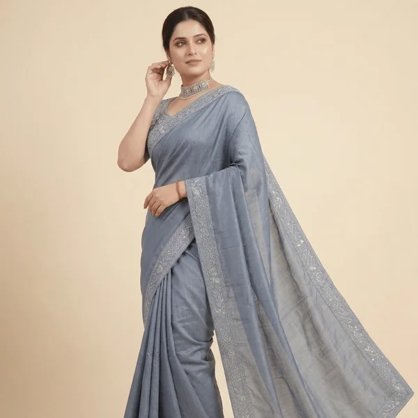 Sophisticated Steel Grey Designer Saree with Minimal Embroidery Border - Image 4