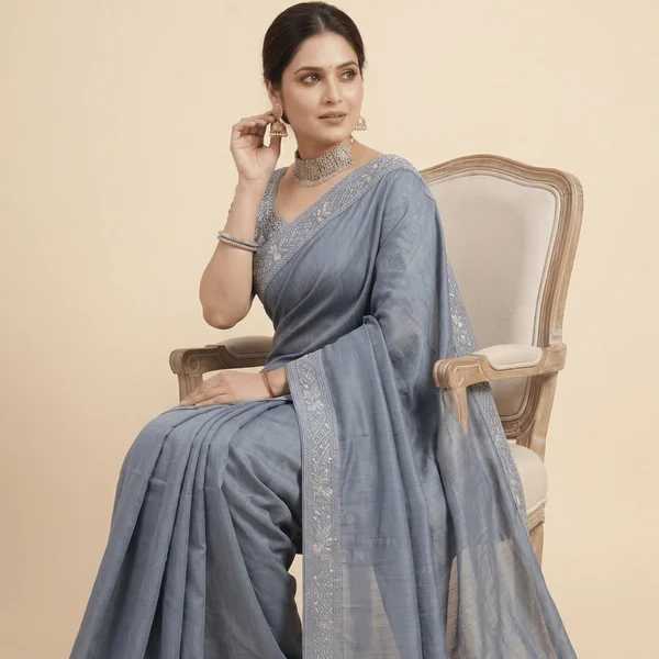 Sophisticated Steel Grey Designer Saree with Minimal Embroidery Border - Image 3