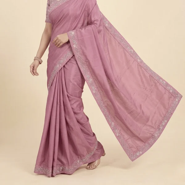 Elegant Rose Pink Designer Saree with Subtle Embroidery Border - Image 2