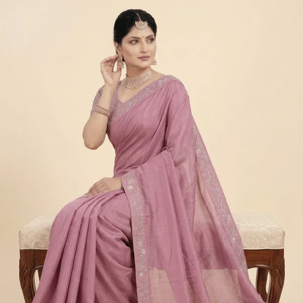Elegant Rose Pink Designer Saree with Subtle Embroidery Border - Image 3