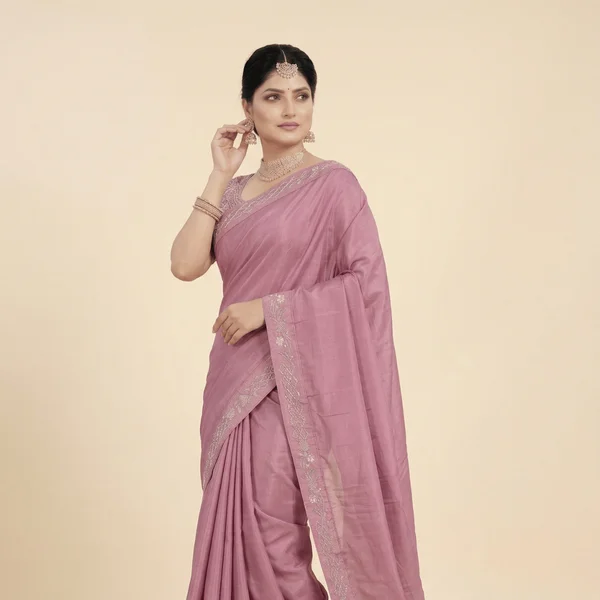 Elegant Rose Pink Designer Saree with Subtle Embroidery Border - Image 4