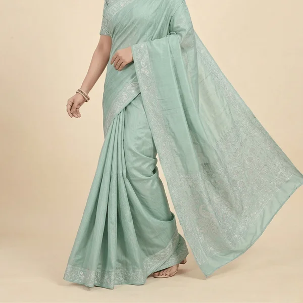 Elegant Mint Green Designer Saree with Minimal Embroidery Border - Image 2
