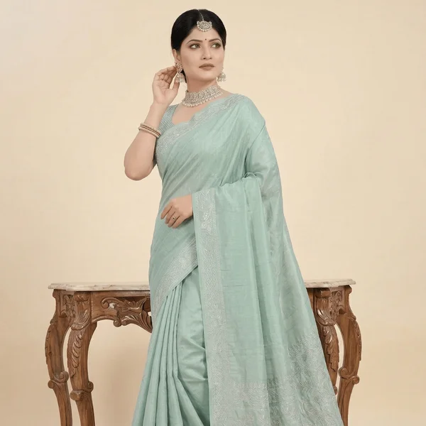 Elegant Mint Green Designer Saree with Minimal Embroidery Border - Image 3
