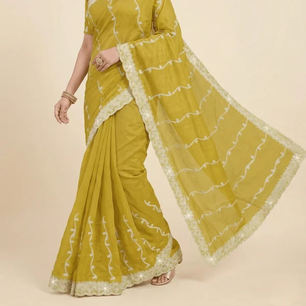 Haldi Special Mustard Yellow Designer Saree with White Embroidery - Image 2