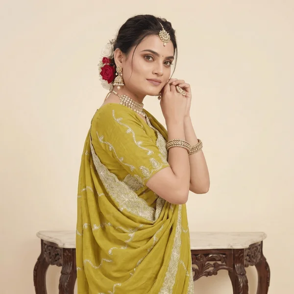 Haldi Special Mustard Yellow Designer Saree with White Embroidery - Image 3