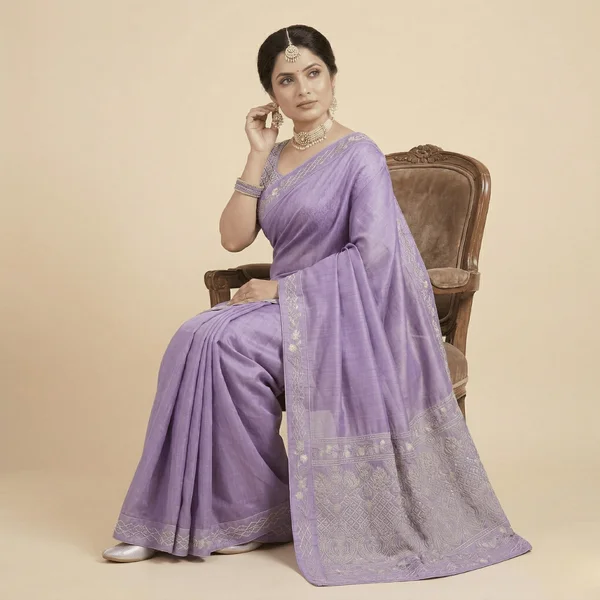 Elegant Lavender Designer Saree with Minimal Embroidery Border - Image 3