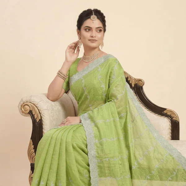 Lime Green Festive Designer Saree with White Embroidery - Image 3