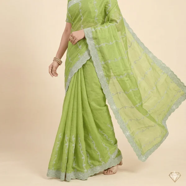 Lime Green Festive Designer Saree with White Embroidery - Image 2