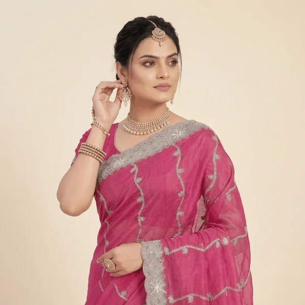 Rani Pink Festive Designer Saree with White Embroidery - Image 3