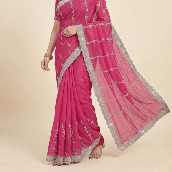 Rani Pink Festive Designer Saree with White Embroidery - Image 2