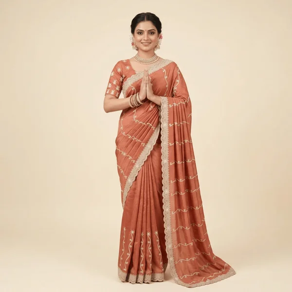 Rust Orange Festive Designer Saree with White Embroidery - Image 1