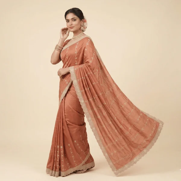 Rust Orange Festive Designer Saree with White Embroidery - Image 3