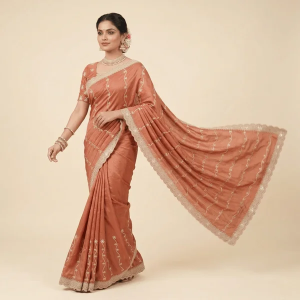 Rust Orange Festive Designer Saree with White Embroidery - Image 2