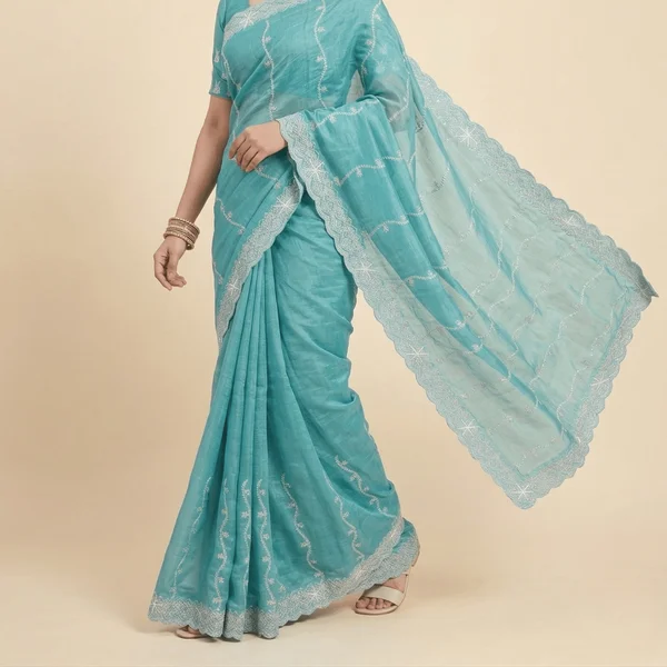 Aqua Blue Elegant Saree with White Embroidery - Image 2