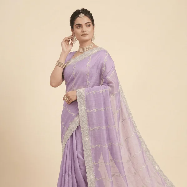 Lavender Pastel Saree with White Embroidery - Image 3
