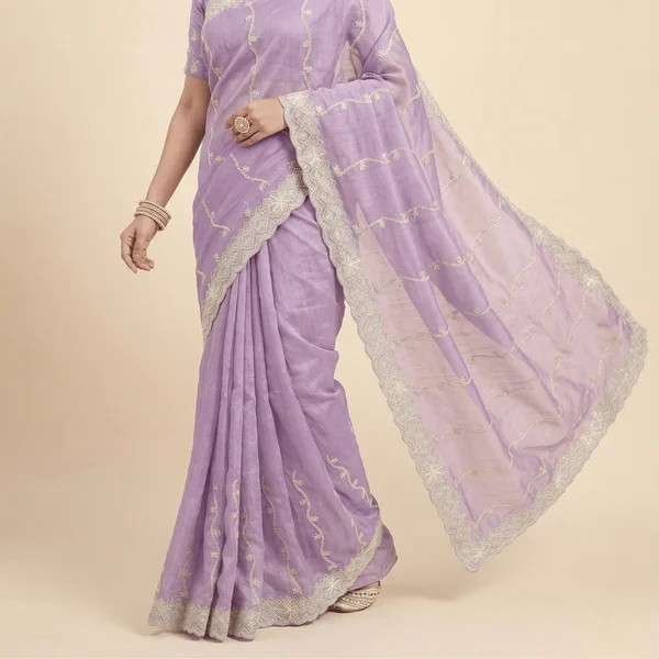 Lavender Pastel Saree with White Embroidery - Image 2