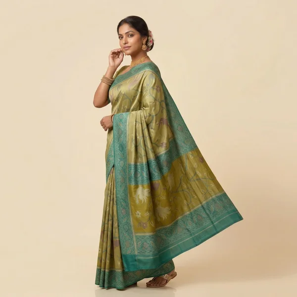 Mustard Gold Saree with Teal Border & Traditional Print - Image 3