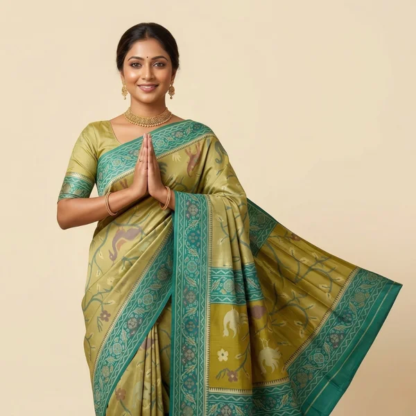 Mustard Gold Saree with Teal Border & Traditional Print - Image 1