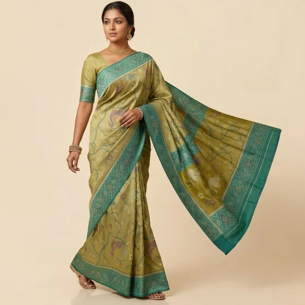 Mustard Gold Saree with Teal Border & Traditional Print - Image 2
