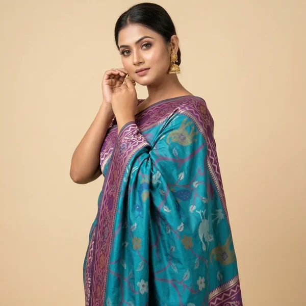 Teal Blue Saree with Purple Border & Traditional Motifs - Image 3
