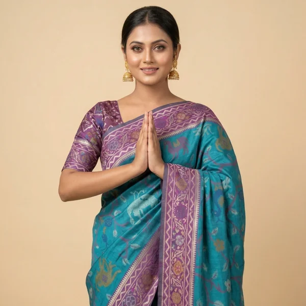 Teal Blue Saree with Purple Border & Traditional Motifs - Image 1
