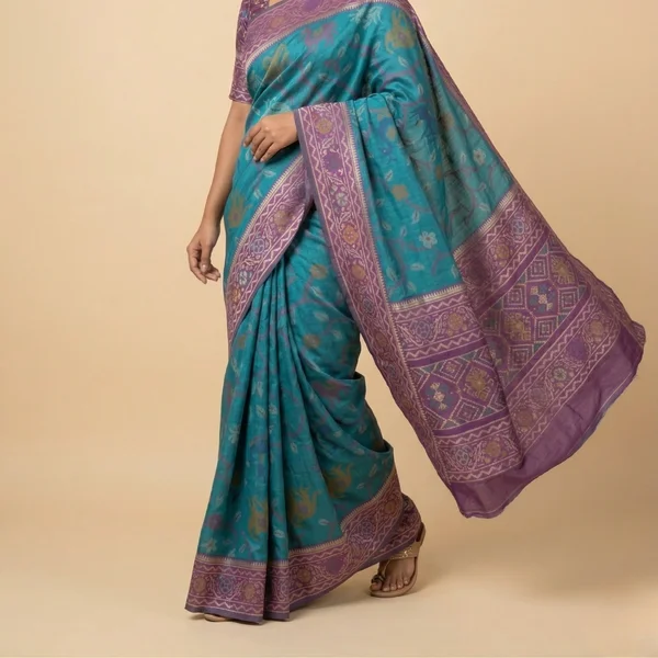 Teal Blue Saree with Purple Border & Traditional Motifs - Image 2